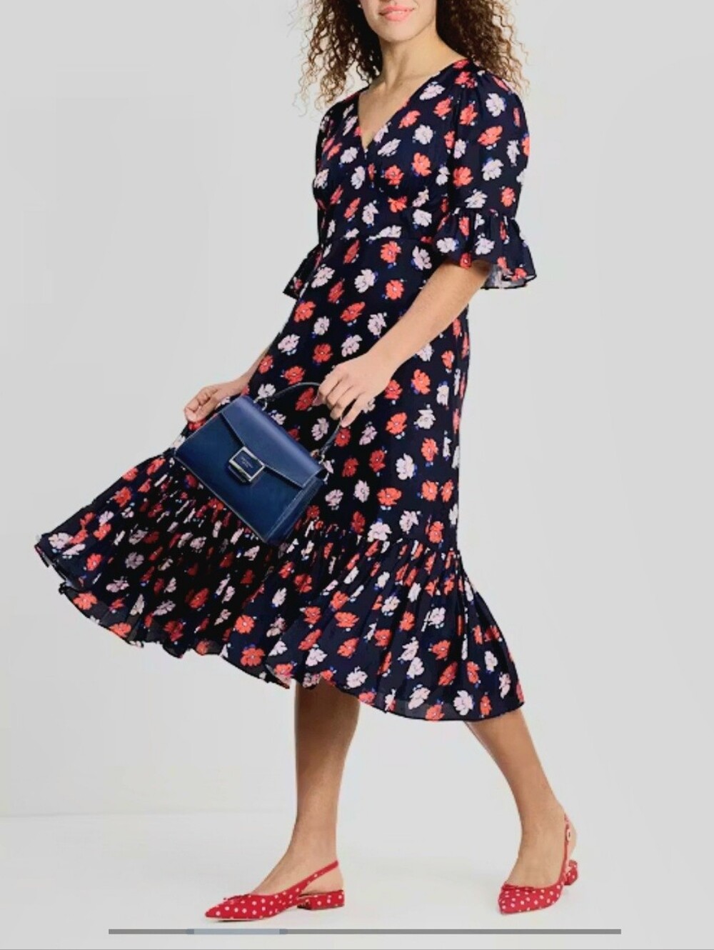 Kate Spade Dotty Floral Flounce Midi Silk Dress, Size 16, EUC